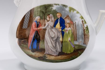 Kaffeekanne mit Szene aus Goethes "Werther": Werther mit Lotte und Schwester beim Pfarrer (